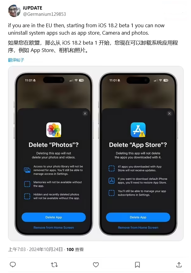 疏勒苹果手机维修分享iOS 18.2 支持删除 App Store 应用商店 